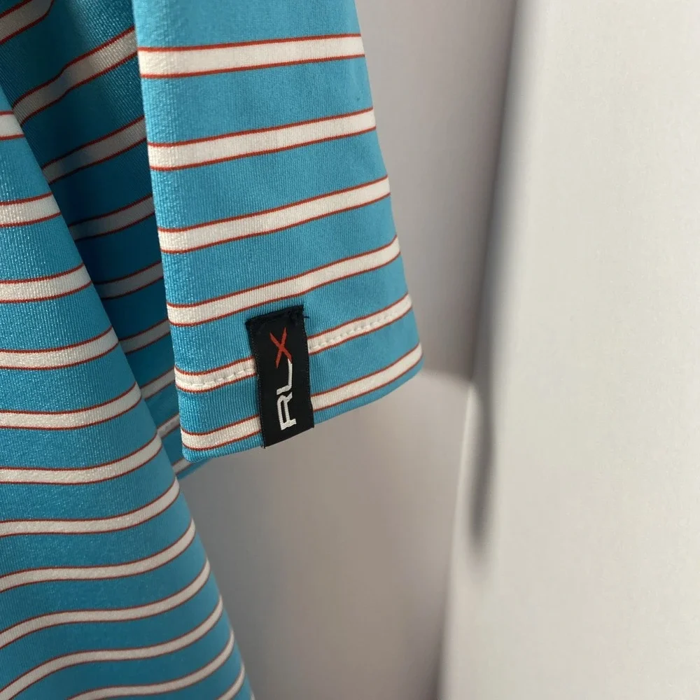 RLX Ralph Lauren‎ Polo Mens Medium Blue White Striped Golf Performance Casual C1